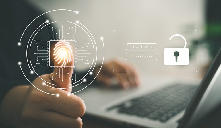 Login to secure dashboard by fingerprint scan to access protected network data with biometrics.